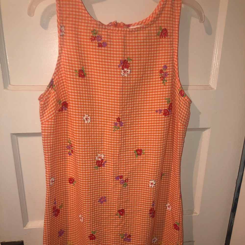 Orange and white gingham dress w/ flowers